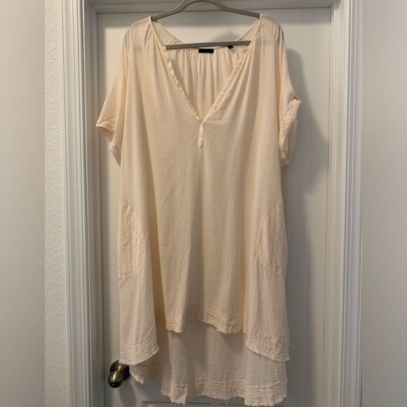 ATM Flowy Beach Cover Dress Size Small Roll Tab Sleeves Oversized 100% Cotton - Picture 1 of 7